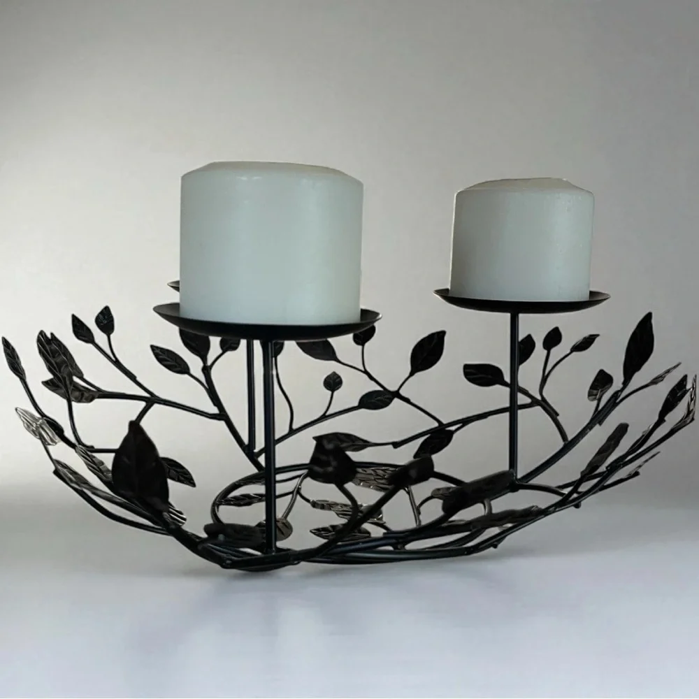 Rustic Metal Leaf Candle Holder Centerpiece with 3 Candles Year Round Decor